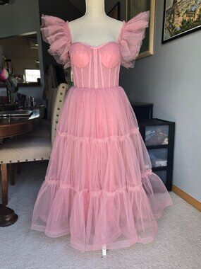 Dusty Pink Formal Prom Tulle Mid-Calf Ruffled Dress Size 8